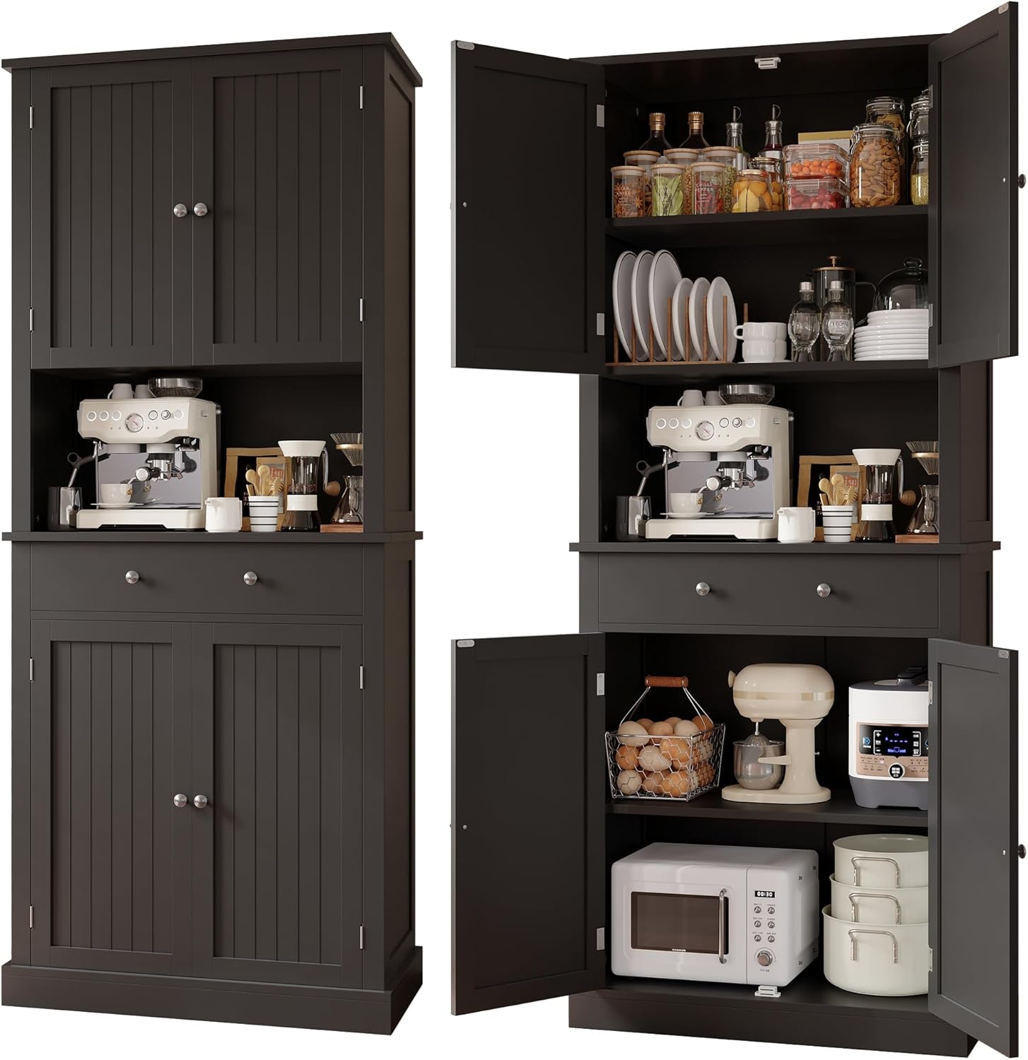 Apicizon 71’’ Tall Kitchen Pantry Storage Cabinet, Modern Kitchen Hutch Bar Cabinet with Microwave Stand & 3 Adjustable Shelves, Cupboard with Deep Drawer, Wood Buffet Sideboard for Dining Room, Black