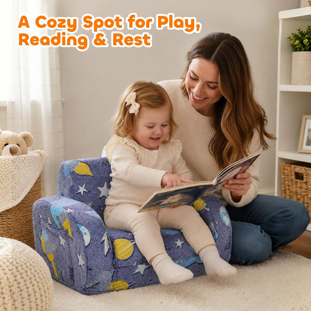 3-in-1 Kids Couch, Toddler Chair Comfy 1-3 Years Old, Kids Fold Out Couch with Blanket, Convertible Sofa to Lounger for Girls and Boys Reading, Playing, Napping - Blue
