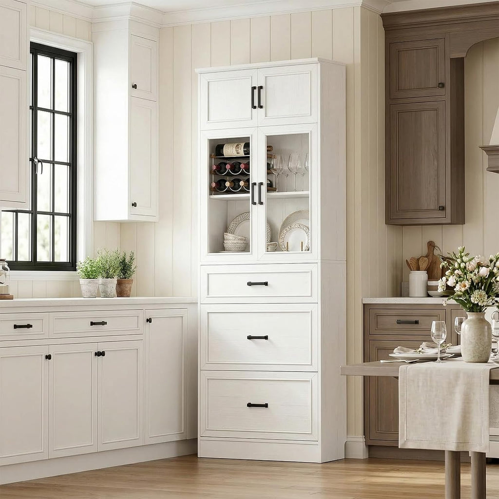 Unikito 80" Tall Kitchen Pantry Storage Cabinet with Glass Doors, Adjustable Shelves & 3 Drawers, Versatile Tall Storage Cupboard for Kitchen, Dining Room, Living Room, Bathroom White