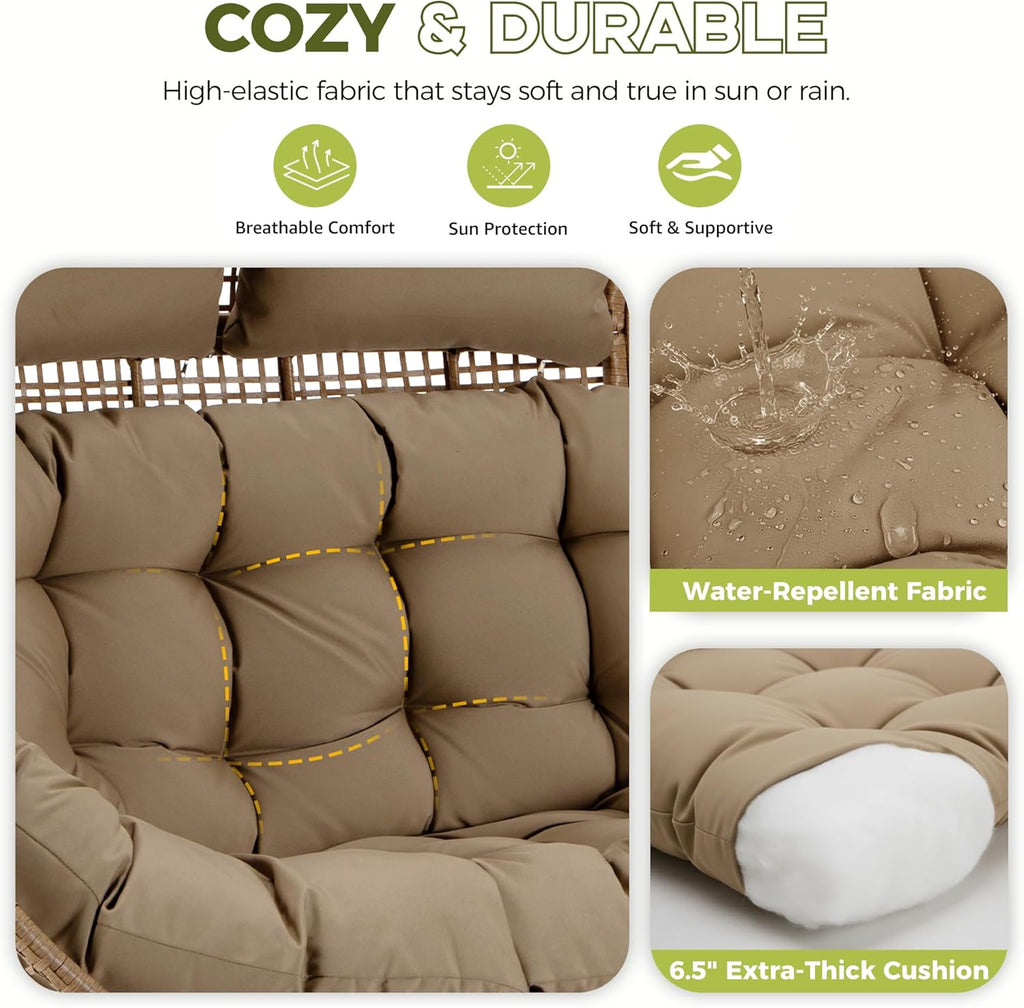 RADIATA 2-Person Double Egg Chair, 57.1" Extra Wide Outdoor Wicker Loveseat with 6.5" Thick Cushion, 600 lbs Capacity Oversized Lounge Chair for Patio, Porch, Backyard,Balcony or Indoor Use,Brown
