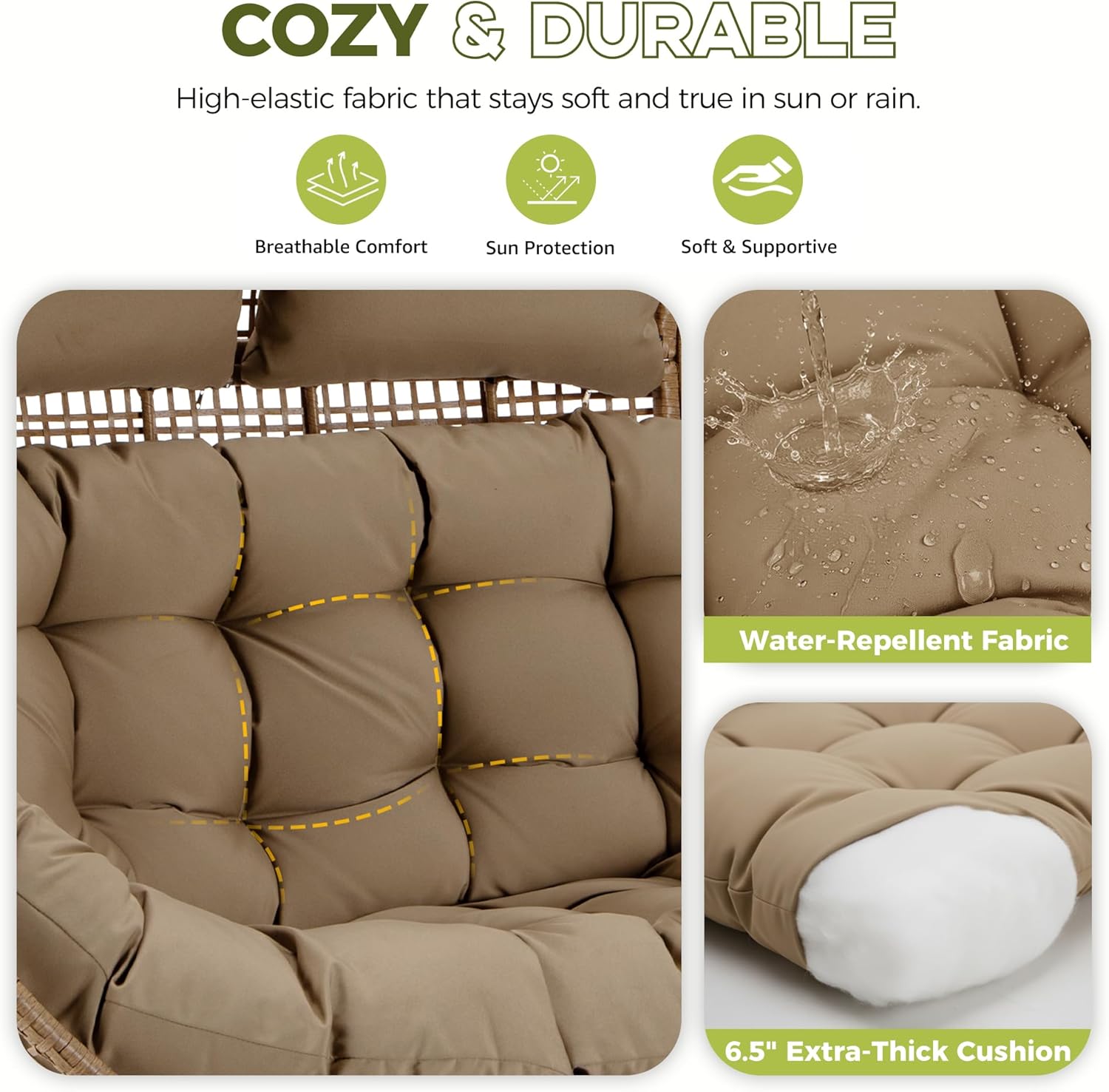 RADIATA 2-Person Double Egg Chair, 57.1" Extra Wide Outdoor Wicker Loveseat with 6.5" Thick Cushion, 600 lbs Capacity Oversized Lounge Chair for Patio, Porch, Backyard,Balcony or Indoor Use,Brown