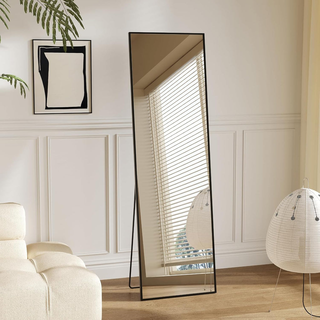 Sweetcrispy 56"x15" Full Length Mirror, Leaning or Standing Full Body Mirror with Aluminum Alloy Thin Frame, Suitable for Bedroom, Living Room, Cloakroom, Black