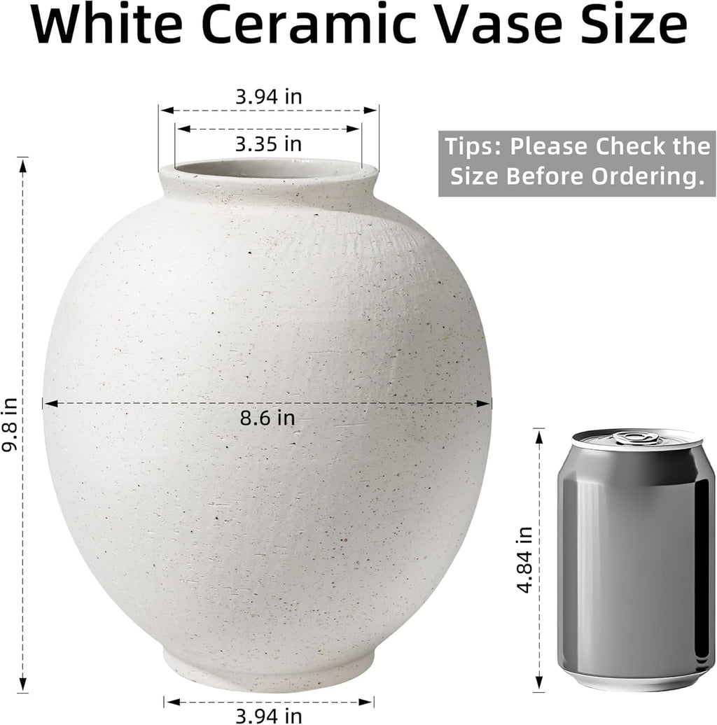 Starttag Large White Ceramic Vase, 9.8 inch Rustic Farmhouse Flowers Vase for Home Decor, Sandstone Texture Round Pottery Tall Vase Indoor for Table Living Room Decor