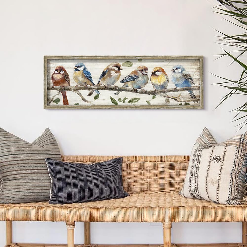 Colorful Bird Wooden Wall Art: Rustic Chickadee Framed Painting Vintage Cute Sparrow Picture Bluebird on Branch Prints Countryside Artwork Decor for Living Room Bedroom Farmhouse
