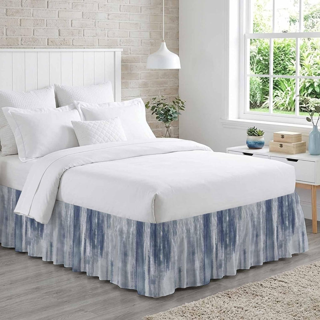 Blue Gray Ombre Bed Skirt King Size 16 Inch Drop, Adjustable Elastic Bedskirt Dust Ruffle for King Size Bed, Modern Abstract Art Oil Painting Wrap Around Bed Skirts Luxurious Pleated Bed Frame Cover