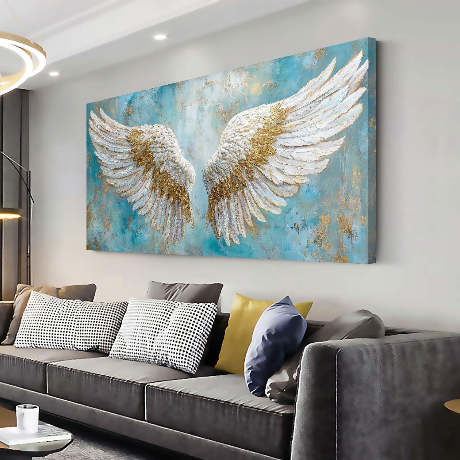 TEKMENT White Angel Wings Wall Art for Bedroom Oil Painting Canvas Prints Beautiful Blue Anime Art Deco Elegant Artwork Office Family Decor