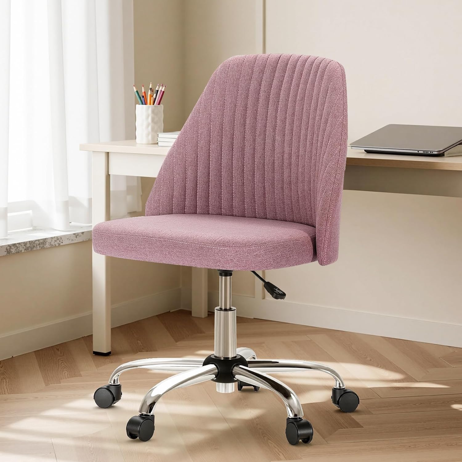 DUMOS Office Chair, Comfy Desk Chair Rolling Vanity Swivel Task Chairs with Wheels, Wide Seating Armless Height Adjustable Computer Chairs for Home,Bedroom,Student,Adults, Blush