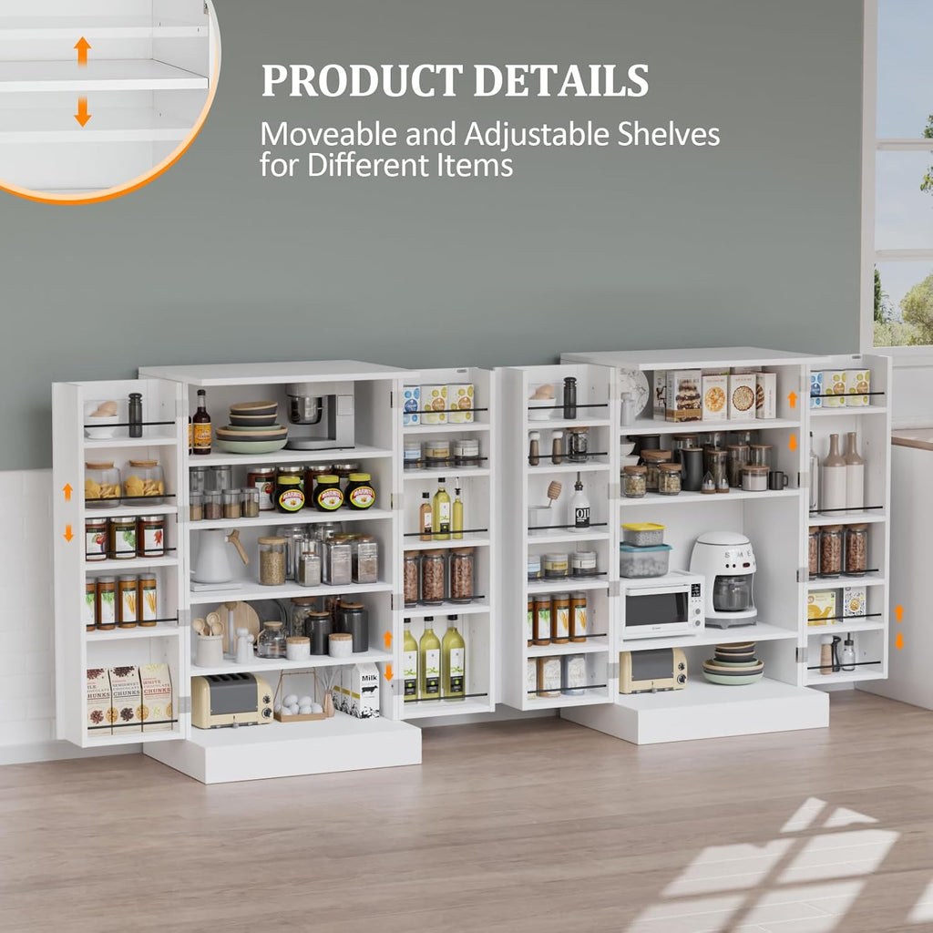 VINGLI Pantry Cabinet, White Kitchen Storage Cabinet with 2 Doors and Adjustable Shelves, 40.5" H Food Storage Freestanding Cupboard for Small Space in Dining Room, Living Room
