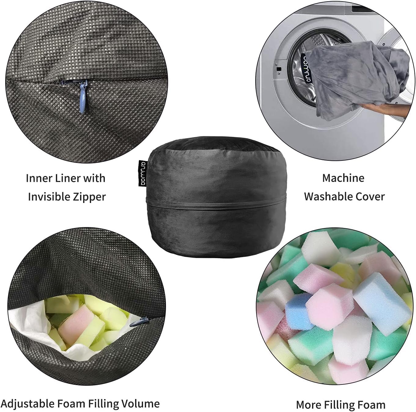 Bean Bag Chair for Adults, Oversized Bean Bag Couch for Gaming, Reading, and Relaxation, 4FT High-Rebound Memory Foam Bean Bag Sofa with Removable Cover, Black