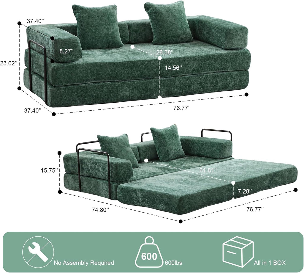 ZEIINPA Convertible Floor Sofa Bed with Fixed-Shape Frame, Modular Chenille Folding Mattress Couch with Armrest, Floor Sofa Lounge Couch for Living Room Bedroom Lounge Studio, Dark Green