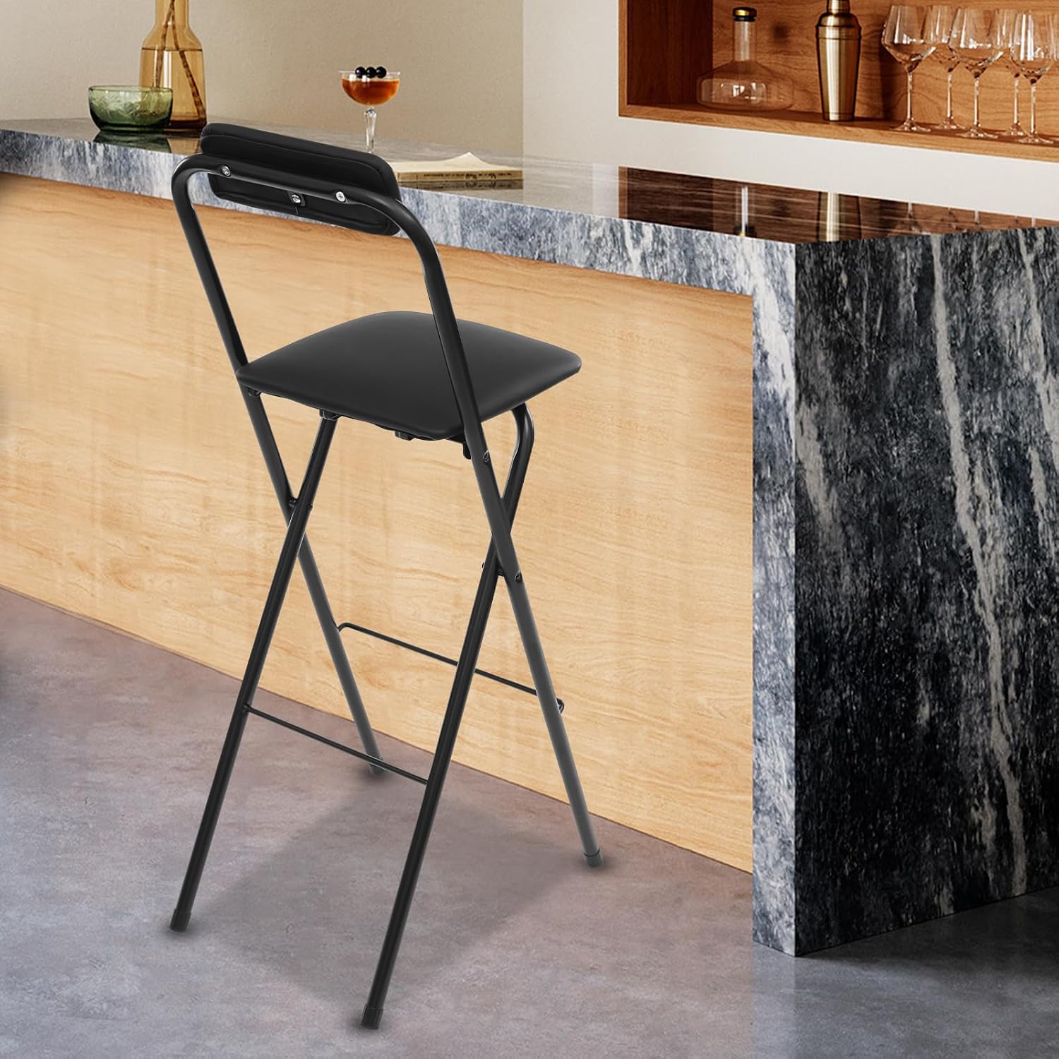 1Pcs Folding Bar Stool with Backrest, 29.53" Tall Foldable Stool Chair Portable High Folding Leather Bar Chair for Kitchen Island Shop Cafe Dining Room Gardening, 275lb Load Capacity(Black)