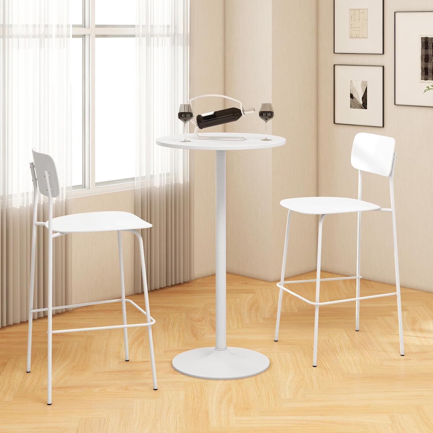 COSTWAY Round Bistro Table, Height Adjustable Bar Height Cocktail Table, High Top Pub Table Snack Table with Heavy-Duty Metal Base for Home Bar, Dining Room, Restaurant, White