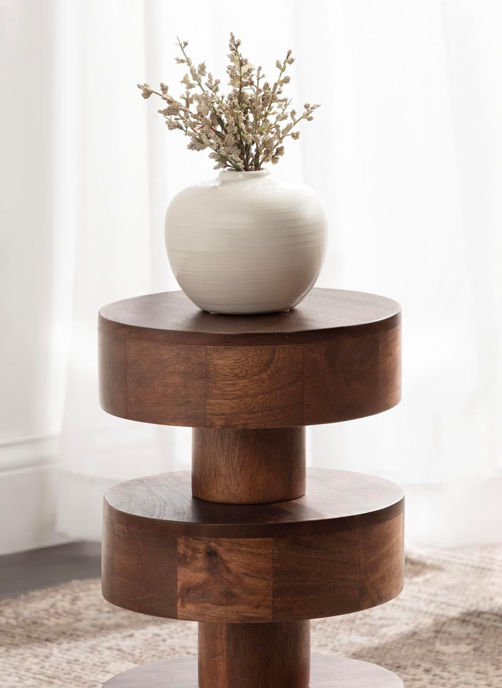 Kate and Laurel Omar Modern Wooden Round Drink Table, 9 x 9 x 20, Walnut Brown, Geometric Floating Disks Circle Mini Table for Use as Small Bedroom Night Stand or Indoor Plant Stand