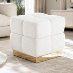 Boucle Storage Ottoman Stool, Modern Vanity Stool with Biscuit Tufting and Gold Stainless Steel Base, Square Ottoman Foot Stool for Living Room, Bedroom, Entryway, White