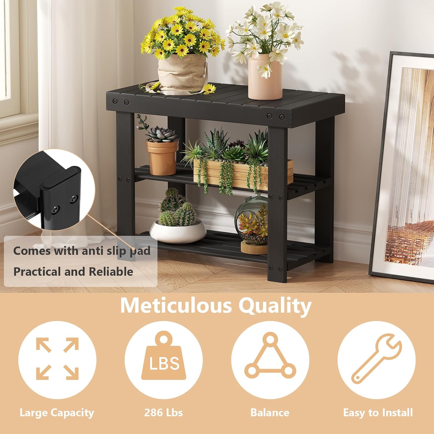 Sweetcrispy Shoe Rack Bench, 3-Tier Bamboo Entryway Storage Organizer, 286lb Capacity, Shoes Stand for FrontDoor Entrance, Bedroom, Living Room, Bathroom, Balcony, 19 Inches Length, Black