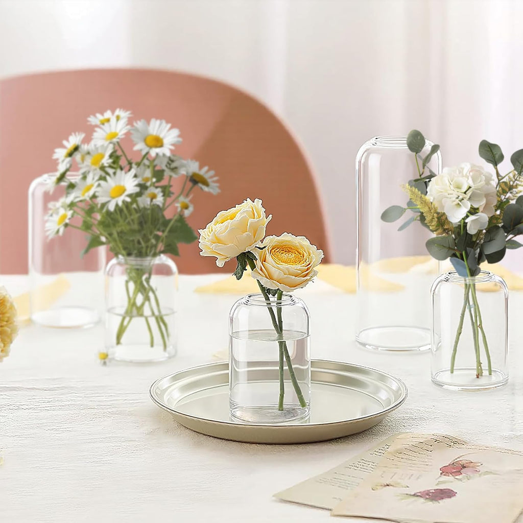 24 Clear Glass Vases | 3 Hights(6.5“ H+5“ H+3.9“ H), Curved-Rim Cylinder Vases for Rustic Farmhouse Centerpieces Wedding Table Decor Bud Vases in Bulk
