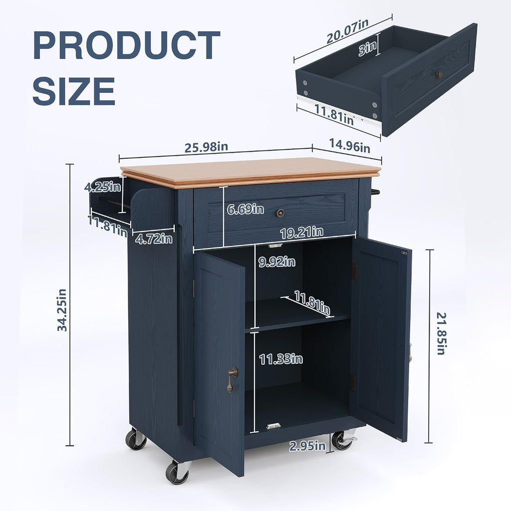 HLR 26'' Small Kitchen Island, Vintage Wood Rolling Kitchen Island Cart with Storage Cabinet and Drawer, Kitchen Cart on Wheels with Spice Rack & Towel Rack for Dining Room, Blue