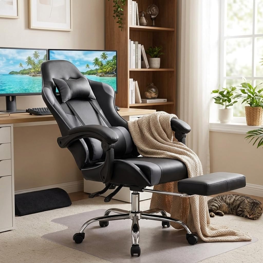 Racing E-Sports Gaming Chair - Ergonomic Grey PU Leather Computer Desk Chair with Footrest, High Back Recliner with Lumbar & Headrest Support, 360° Swivel for Home Office