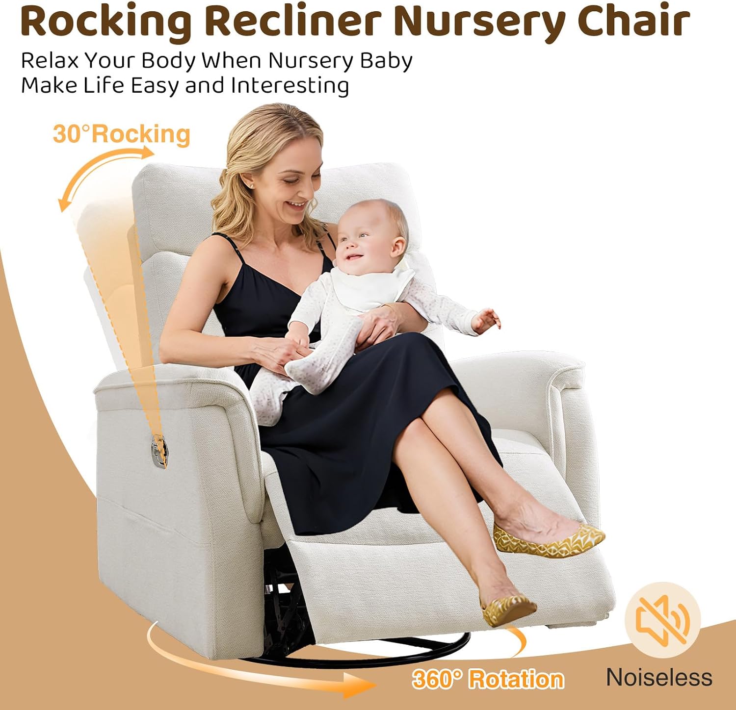 Oversized Swivel Rocker Recliner, 26'' Extra Wide Rocking Recliner Nursery Chair, Manual Swivel Recliner for Nursery, Reclining Rocking for Living Room, Cream White
