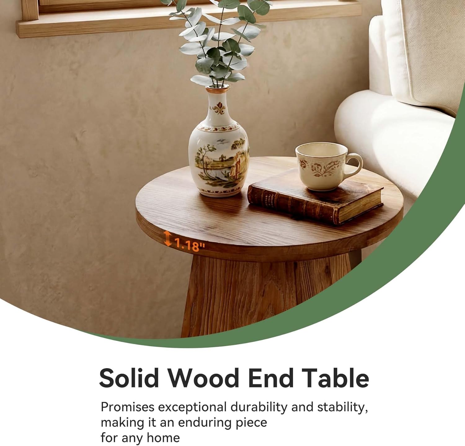 Solid Wood End Table Set of 2, 19” Round Side Table with Trapezoid Base for Small Spaces, Living Room, Easy Assembly, Vintage Brown