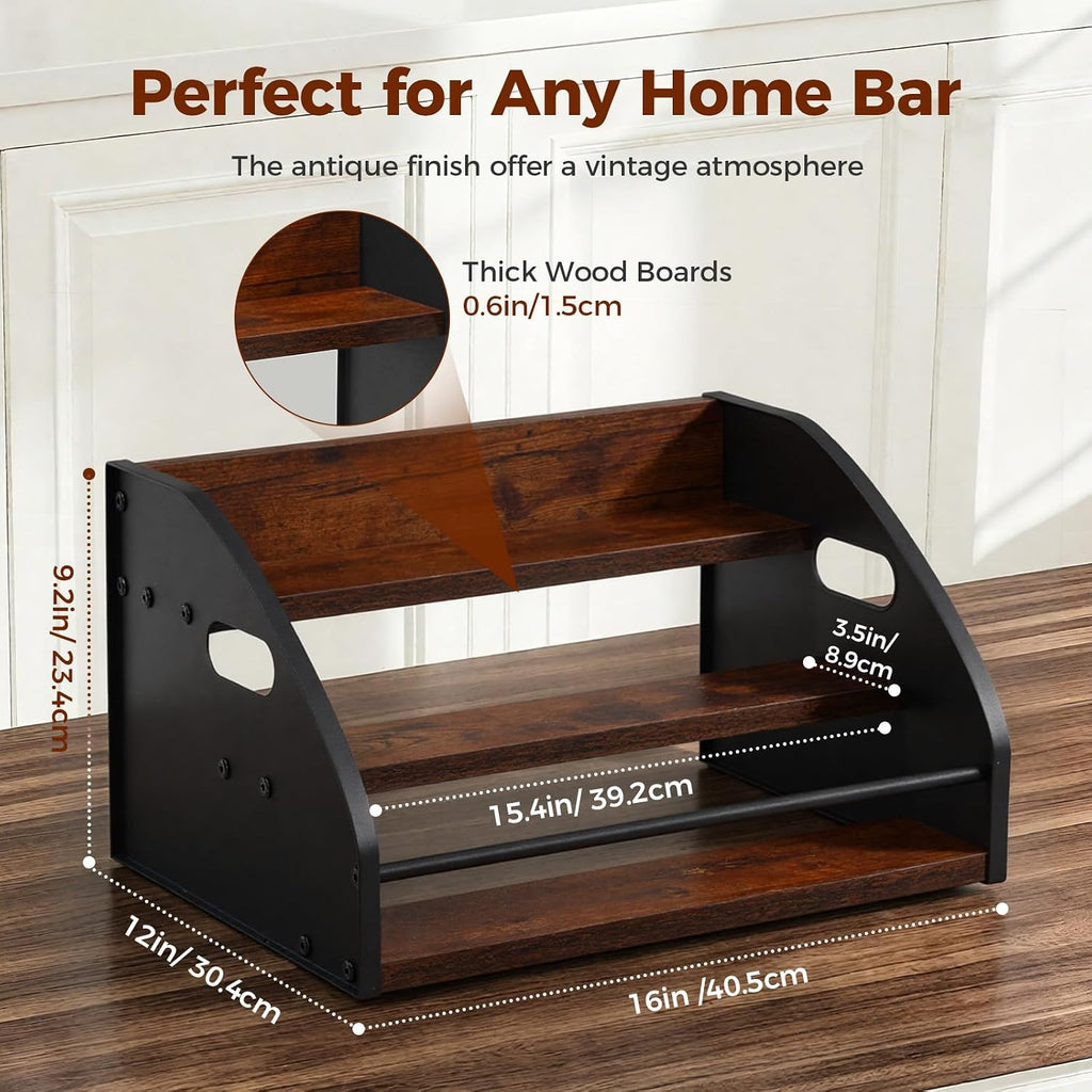 Liquor Bottle Display Shelf, Coffee Syrup Rack Organizer with Metal Hand, 3 Step Countertop Liquor Wine Rack, Mini Bar, Liquor Cabinet, Home Retro Bar Shelf Stand for Liquor Whiskey, Bourbon, Spirits