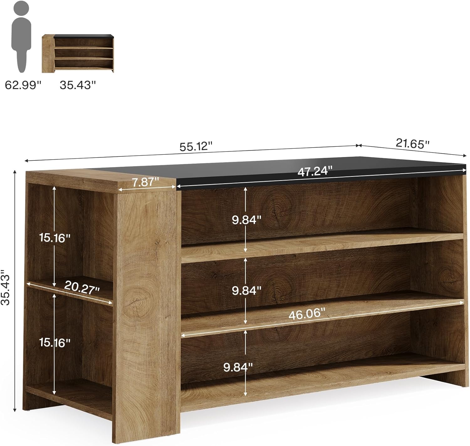 Tribesigns 55" Kitchen Island with Storage, Farmhouse 5-Tier Stationary Island Table with 5 Shelves, Wood Coffee Bar Table Storage Cabinet with Large Countertop for Kitchen, Vintage Brown