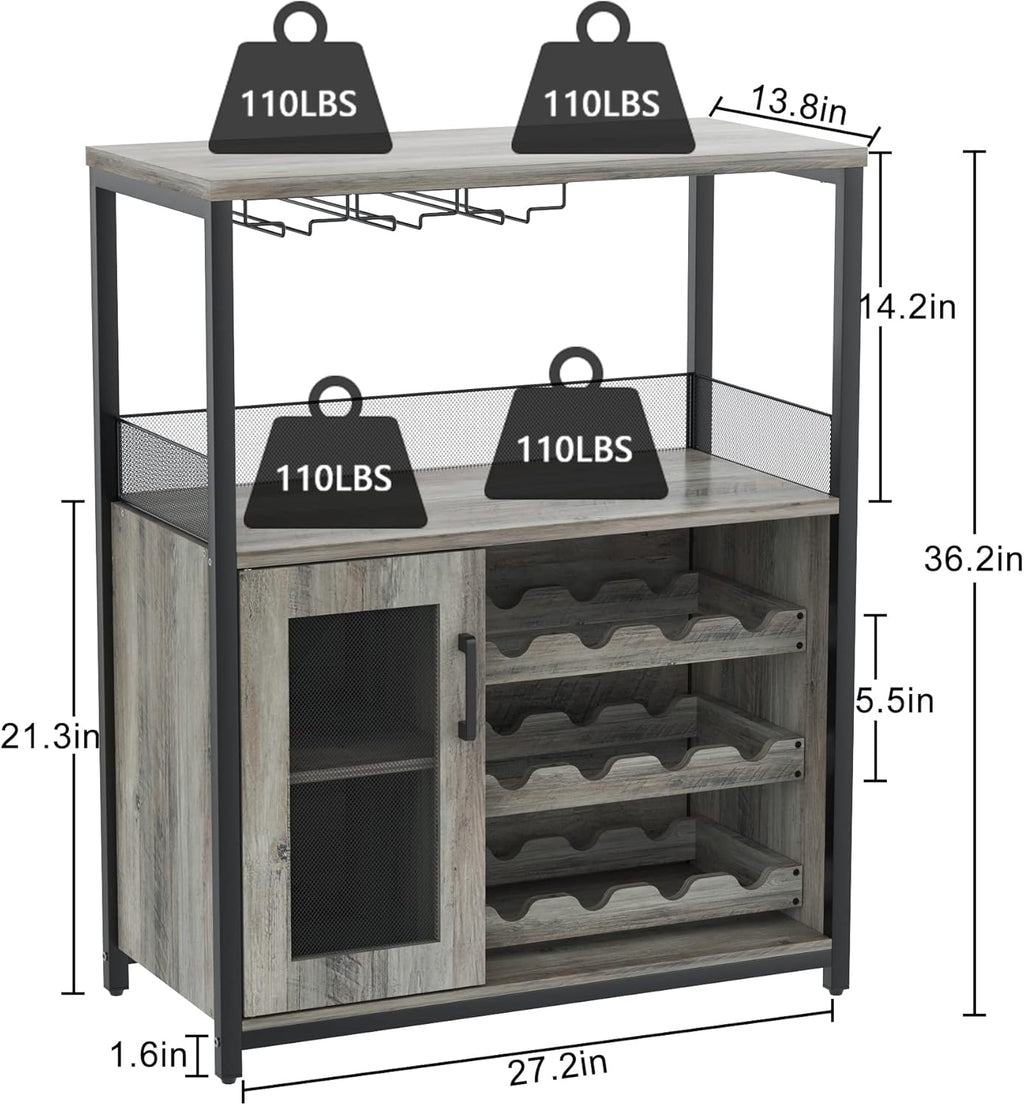 Amyove Wine Bar Rack Cabinet with Detachable Wine Rack, Bar Rack with Glass Holder, Small Sideboard and Buffet Cabinet with Mesh Door, Grey