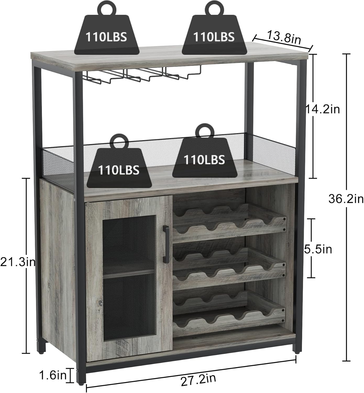 Amyove Wine Bar Rack Cabinet with Detachable Wine Rack, Bar Rack with Glass Holder, Small Sideboard and Buffet Cabinet with Mesh Door, Grey