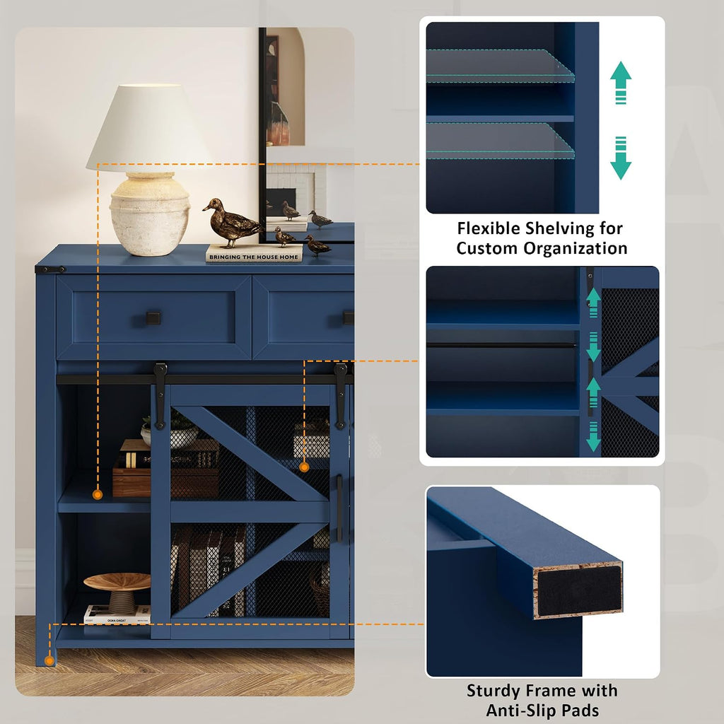 Virubi 55 in Sideboard Buffet Cabinet with Storage,Sliding Barn Doors,3 Drawers and Shelves,Farmhouse Coffee Bar Cabinet for Living Room,Hallway,Entryway,Navy Blue