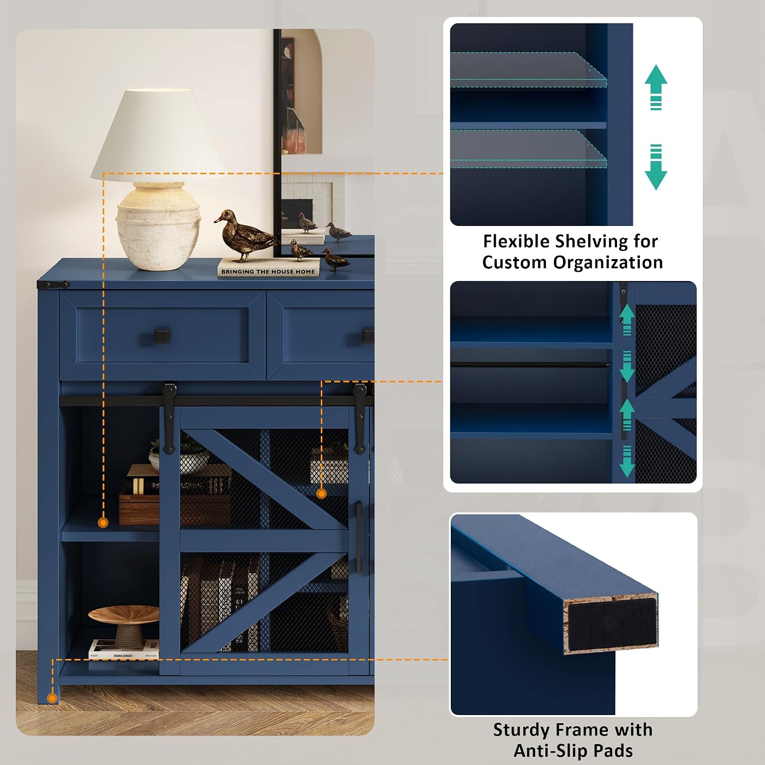 Virubi 55 in Sideboard Buffet Cabinet with Storage,Sliding Barn Doors,3 Drawers and Shelves,Farmhouse Coffee Bar Cabinet for Living Room,Hallway,Entryway,Navy Blue