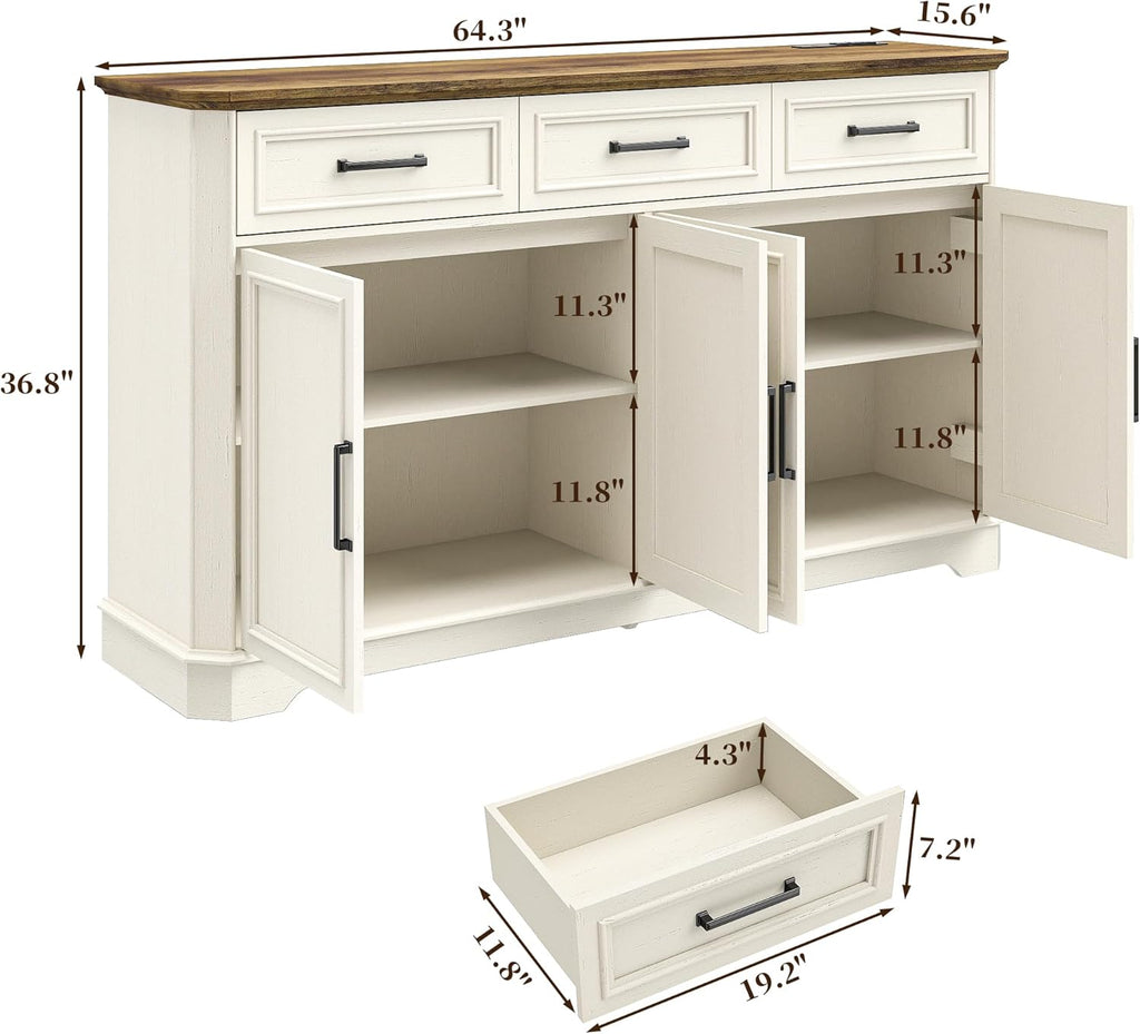 64 Inch Farmhouse Buffet Cabinet, Large Sideboard & Buffet with 4 Doors and 3 Drawers, Modern Credenza with Storage for Dining Room, Living Room, Kitchen, Antique White