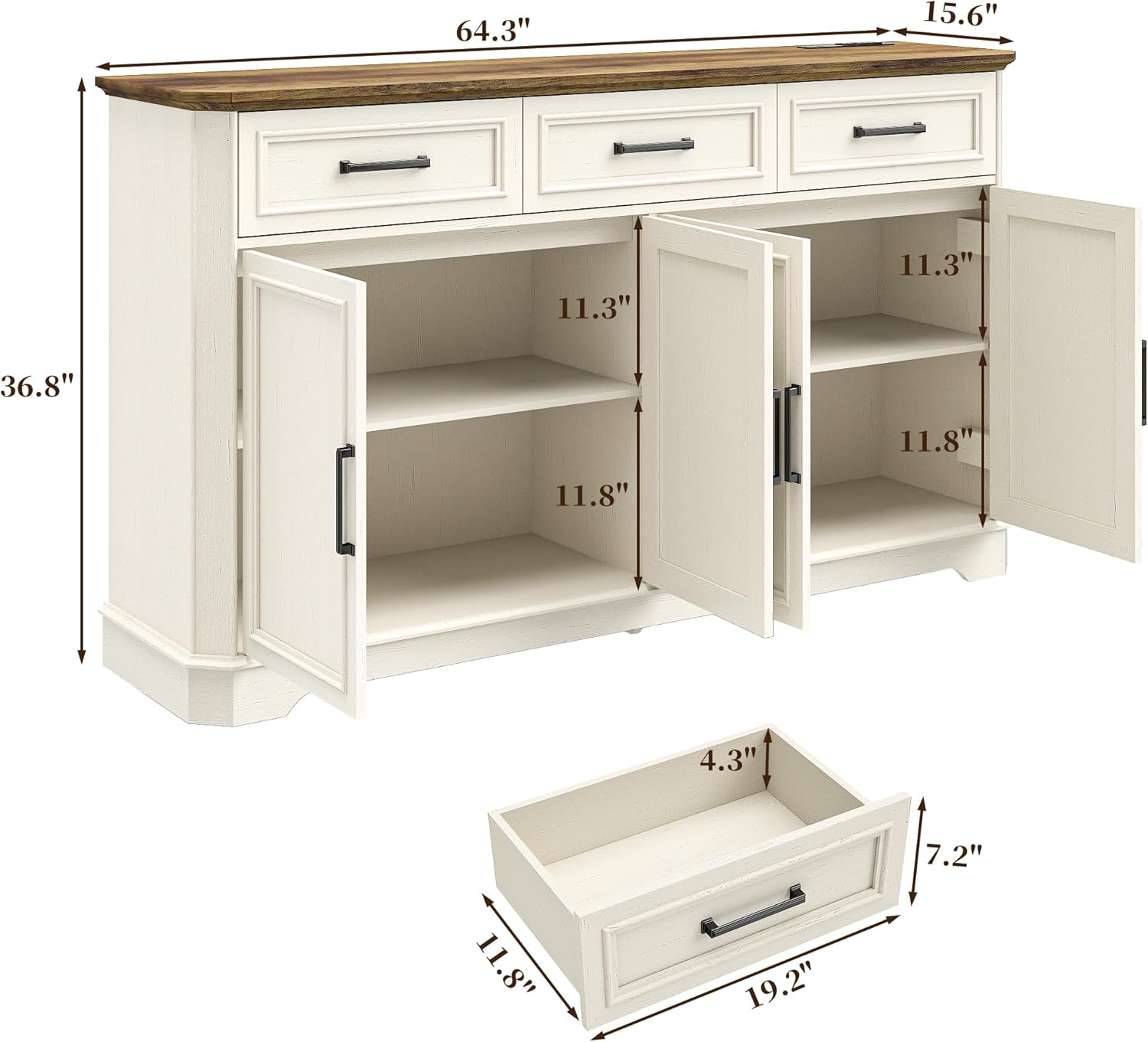 64 Inch Farmhouse Buffet Cabinet, Large Sideboard & Buffet with 4 Doors and 3 Drawers, Modern Credenza with Storage for Dining Room, Living Room, Kitchen, Antique White