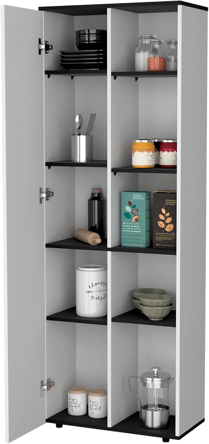 White and Black 1-Door Multistorage Kitchen Pantry,Buffet Kitchen Sideboard,Five Open Shelve,for Kitchen,Dining Room,11.8 * 23.6 * 66.9