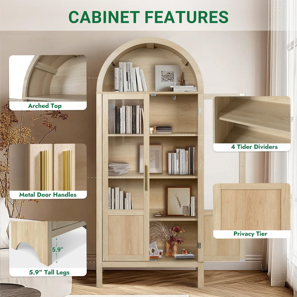 Arched Storage Cabinet with 2 Doors and 5-Tier Shelves for Living Room, 71" Tall Wooden Pantry Cabinet for Dining Room and Kitchen, Floor Bathroom Organizer, Natural Wood Color