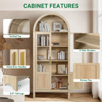 Arched Storage Cabinet with 2 Doors and 5-Tier Shelves for Living Room, 71" Tall Wooden Pantry Cabinet for Dining Room and Kitchen, Floor Bathroom Organizer, Natural Wood Color