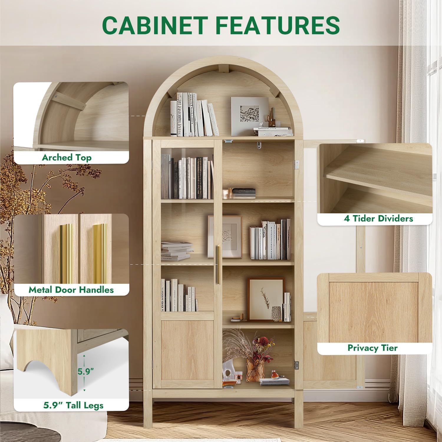 Arched Storage Cabinet with 2 Doors and 5-Tier Shelves for Living Room, 71" Tall Wooden Pantry Cabinet for Dining Room and Kitchen, Floor Bathroom Organizer, Natural Wood Color