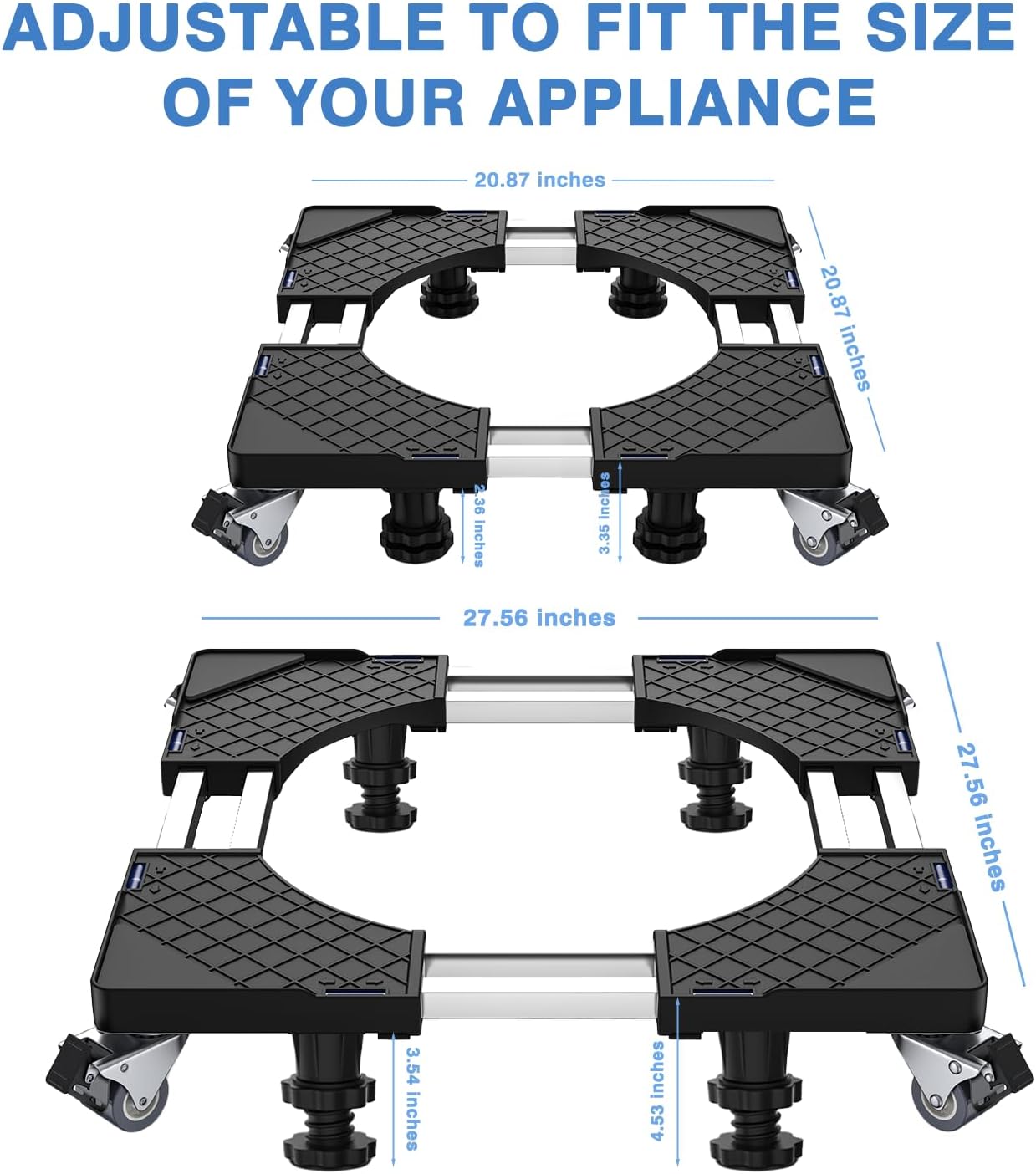 Mini Fridge Stand 4 Locking Swivel Wheels Double Fixed Rod Heavy-Duty Black | Washing Machine Stand Adjustable Appliance Dolly Mover Mobile Base Laundry Pedestal For Washer, Dryer 20.7"–27.2" Load 660LB