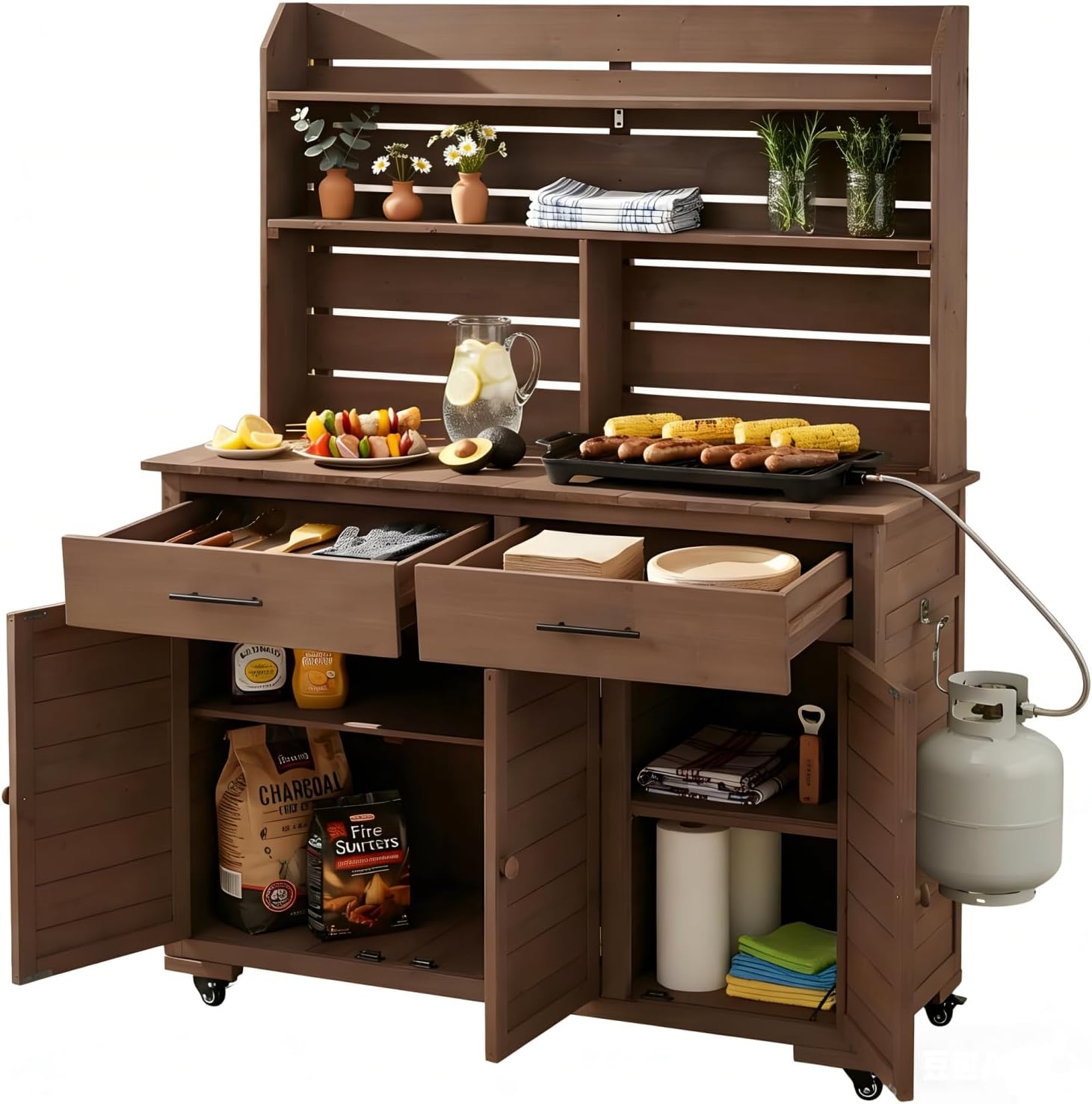 Large Garden Potting Bench with Storage Cabinet and Hutch Top
