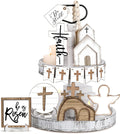 Jetec 12 Pcs Easter Decorations for Home Easter Tiered Tray Decor Set Christian He Is Risen Tray Decor Cross Wooden Sign Rustic Farmhouse Spring Table Religious Tabletop Farmhouse for Home Kitchen