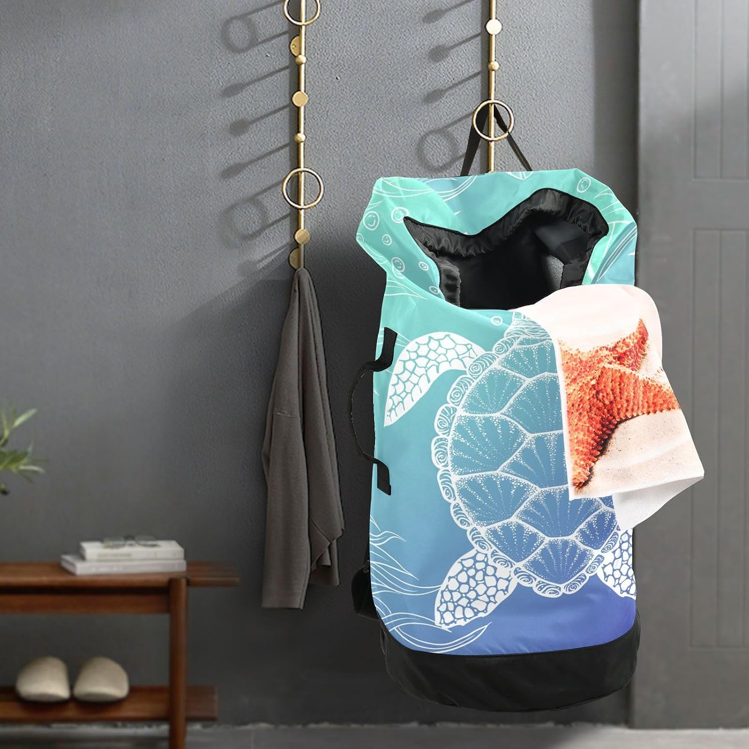 Sea Turtle Laundry Backpack Large Heavy Duty Laundry Bag with Adjustable Shoulder Straps Laundry backpack for Traveling Dirty Clothes Organizer for College Students Waterproof