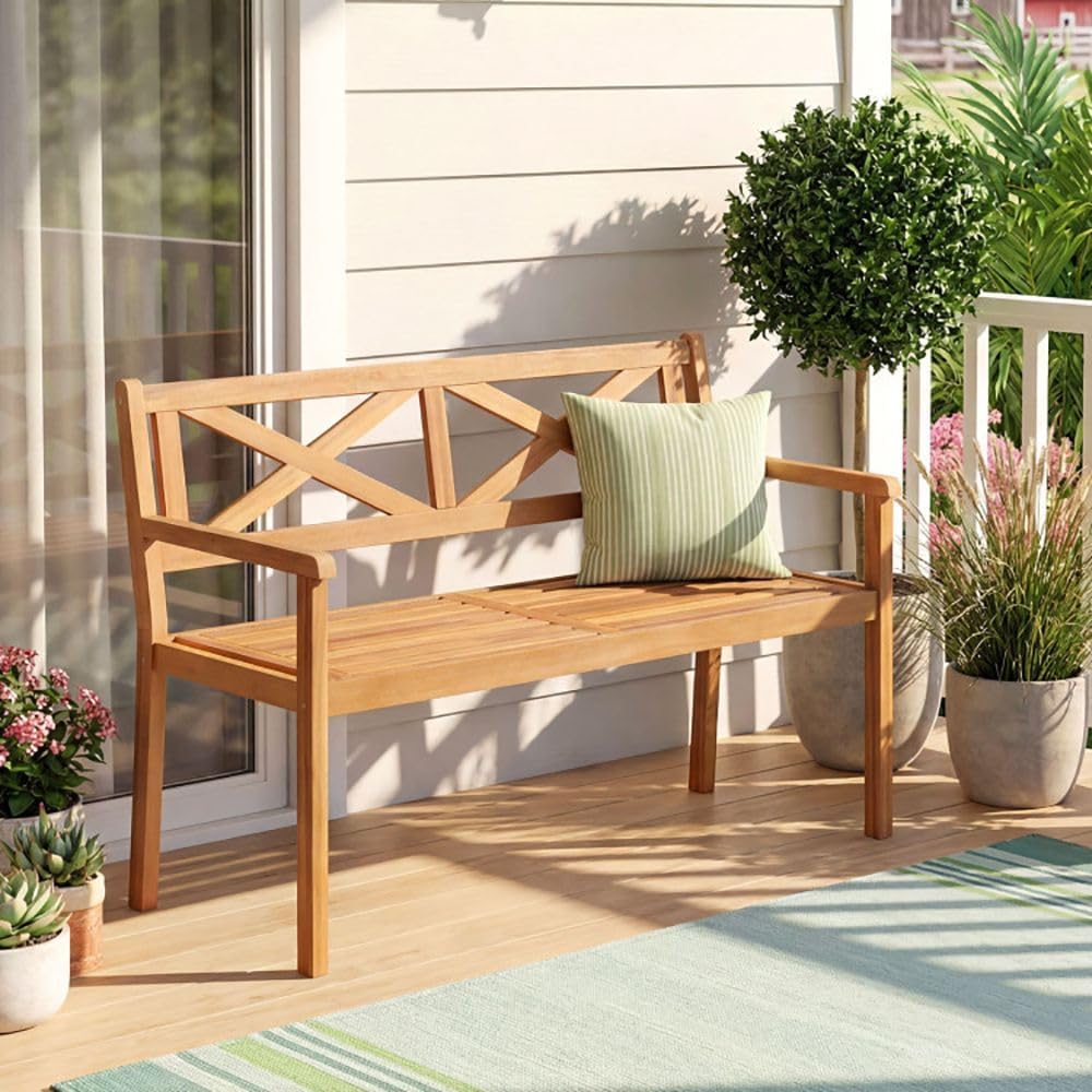 2-Person Acacia Wood Patio Chair Armrests Backrest 44in Seat Width 800lb Capacity for Backyard