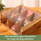 HTB Acacia Wood Tea Bag Organizer Storage Box with 6 Compartments | Tea Chest Box with Clear Acrylic Transparent Hinged Lid,Tea Bag Holder for Kitchen,Office,Bar,Coffee Station