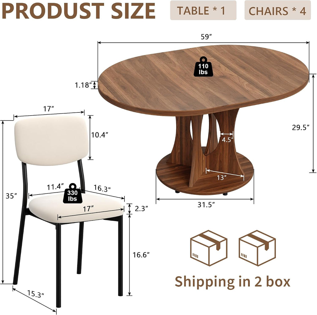 iPormis 43-59" Round Dining Table Set for 4, 5-Piece Kitchen Table & Chairs Set for 4, Extendable Dining Room Circle Table with 4 Upholstered Chairs for Small Space, Walnut Table + 4 White Chairs