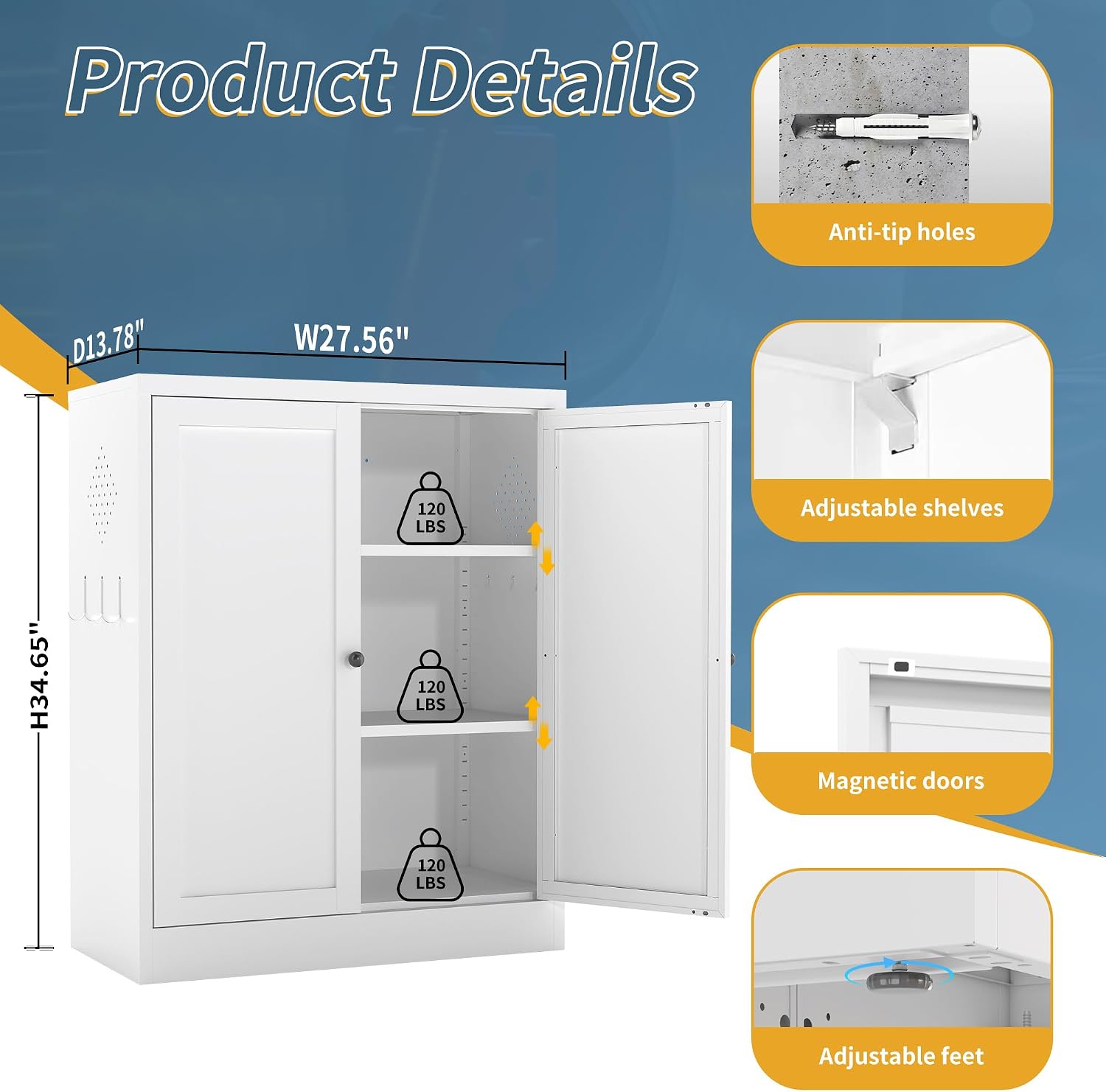 Kitchen Pantry Cabinet, 35" H Storage Cabinet with Doors and Adjustable Shelves, Metal Bathroom Cabinets, Utility Cabinets for Kitchen, Living Room, Garage, Assembly Required, White