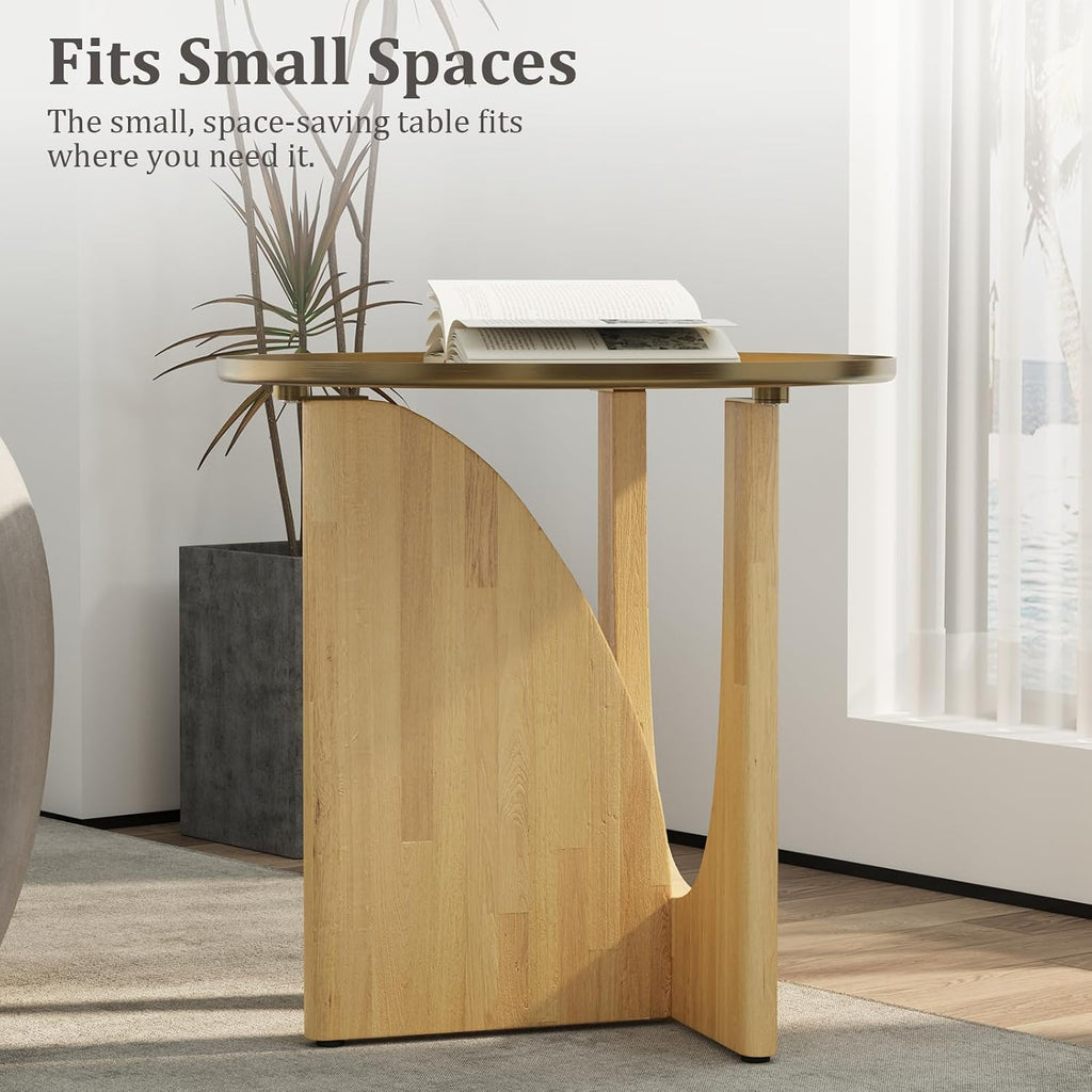 ACEDÉCOR Round Side Table, Solid Wood End Table with Brushed Gold Metal Tray Top, Modern Side Table for Living Room Bedroom Small Space