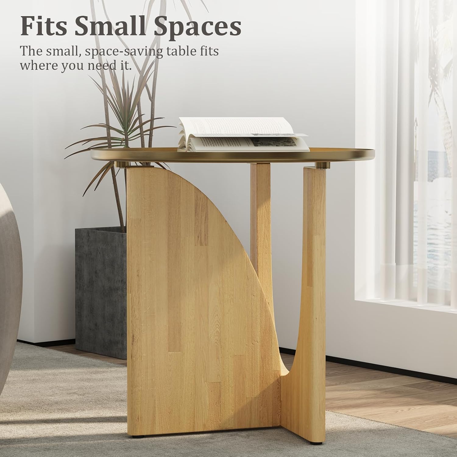 ACEDÉCOR Round Side Table, Solid Wood End Table with Brushed Gold Metal Tray Top, Modern Side Table for Living Room Bedroom Small Space