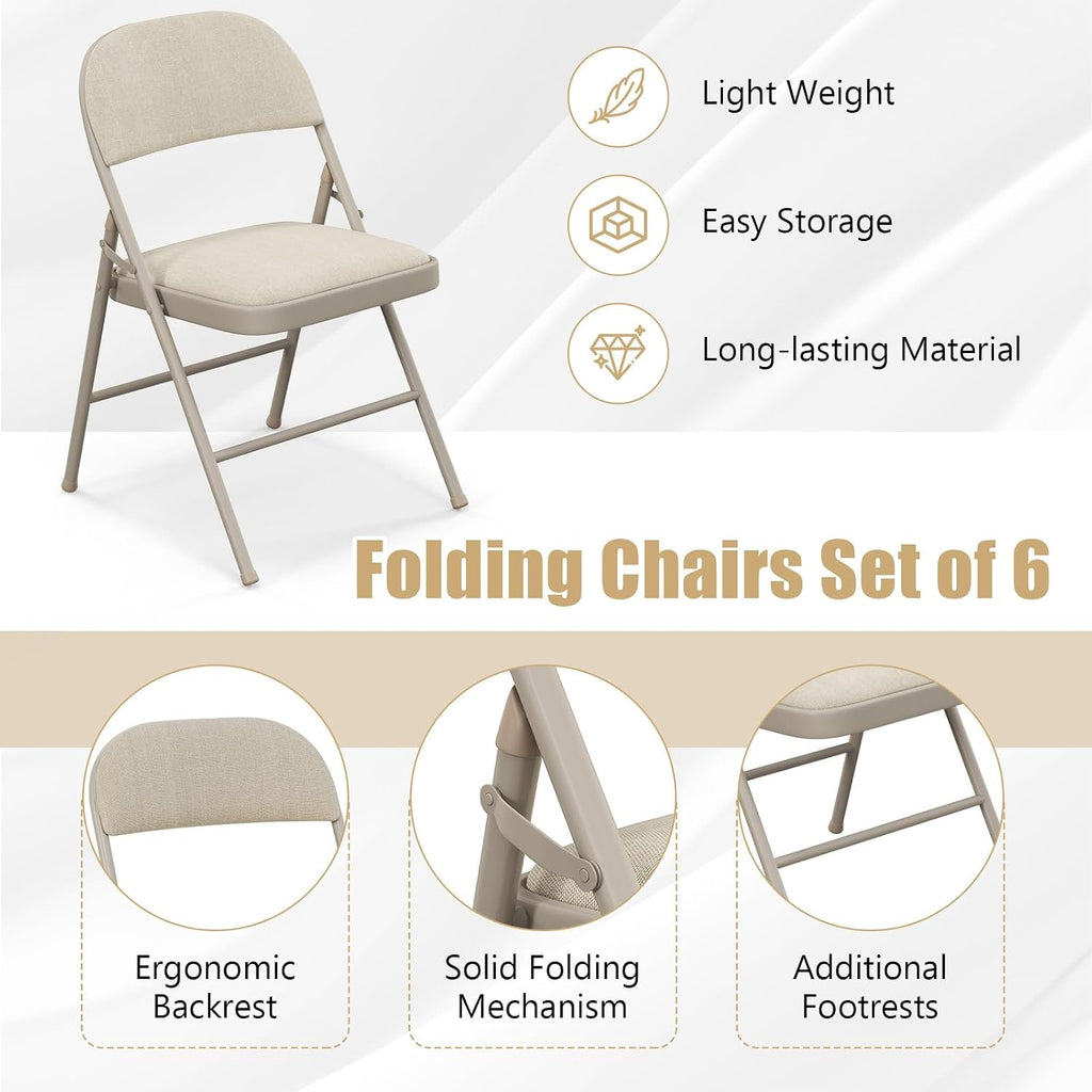 GOFLAME 6 Pack Folding Chairs, Fabric Dining Chair Set with Padded Seat & Metal Frame, Indoor Outdoor Upholstered Commercial Seat for Home Office Events Wedding Party, Beige