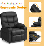 MAT EXPERT Kids Recliner, Leather Adjustable Reading Gaming Chair w/ 2 Cup Holder, 3 Side Pocket Storage & Footrest, Kids Couch Toddler Lounge Chair for Boys Girls, Kids Room Playroom Nursery (Black)