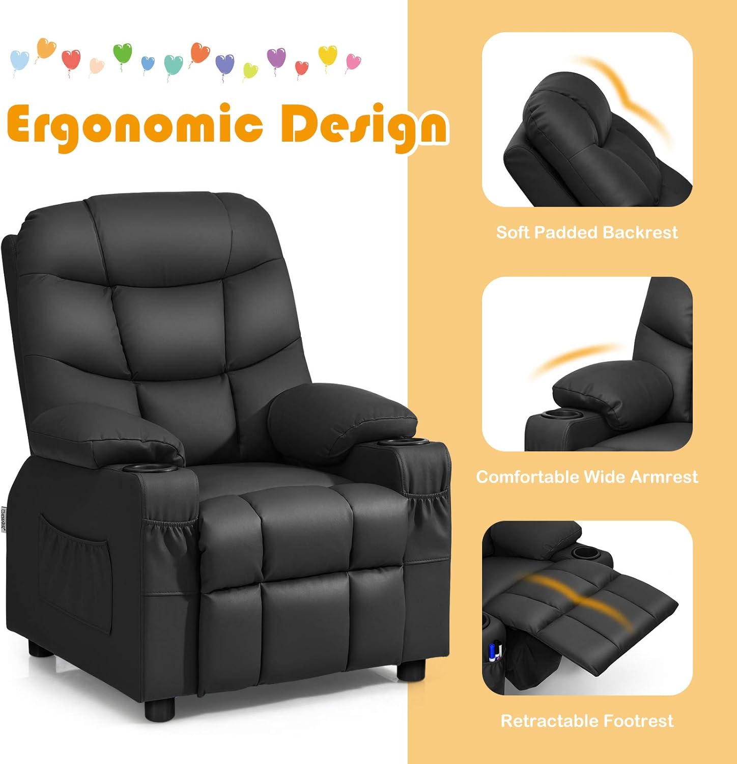 MAT EXPERT Kids Recliner, Leather Adjustable Reading Gaming Chair w/ 2 Cup Holder, 3 Side Pocket Storage & Footrest, Kids Couch Toddler Lounge Chair for Boys Girls, Kids Room Playroom Nursery (Black)