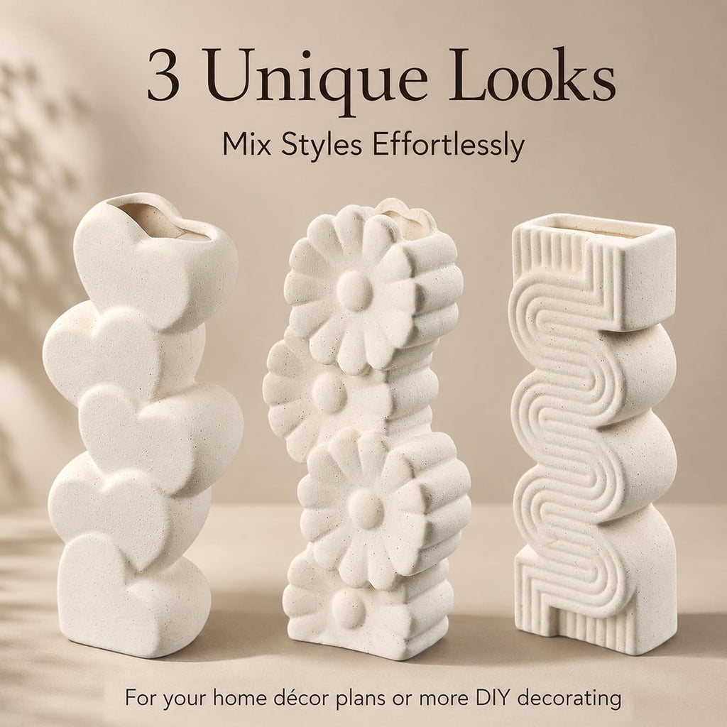 White Ceramic Flower Vases Table Decor Heart Shaped Vase Set of 3 | Nordic Heart Shaped Vases Minimalist Decorative Vase for Table Centerpiece Wedding Dining Living Room Office House Decoration